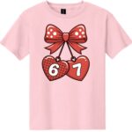 Pink Shirt with red hearts with 6 7 in them and red bow